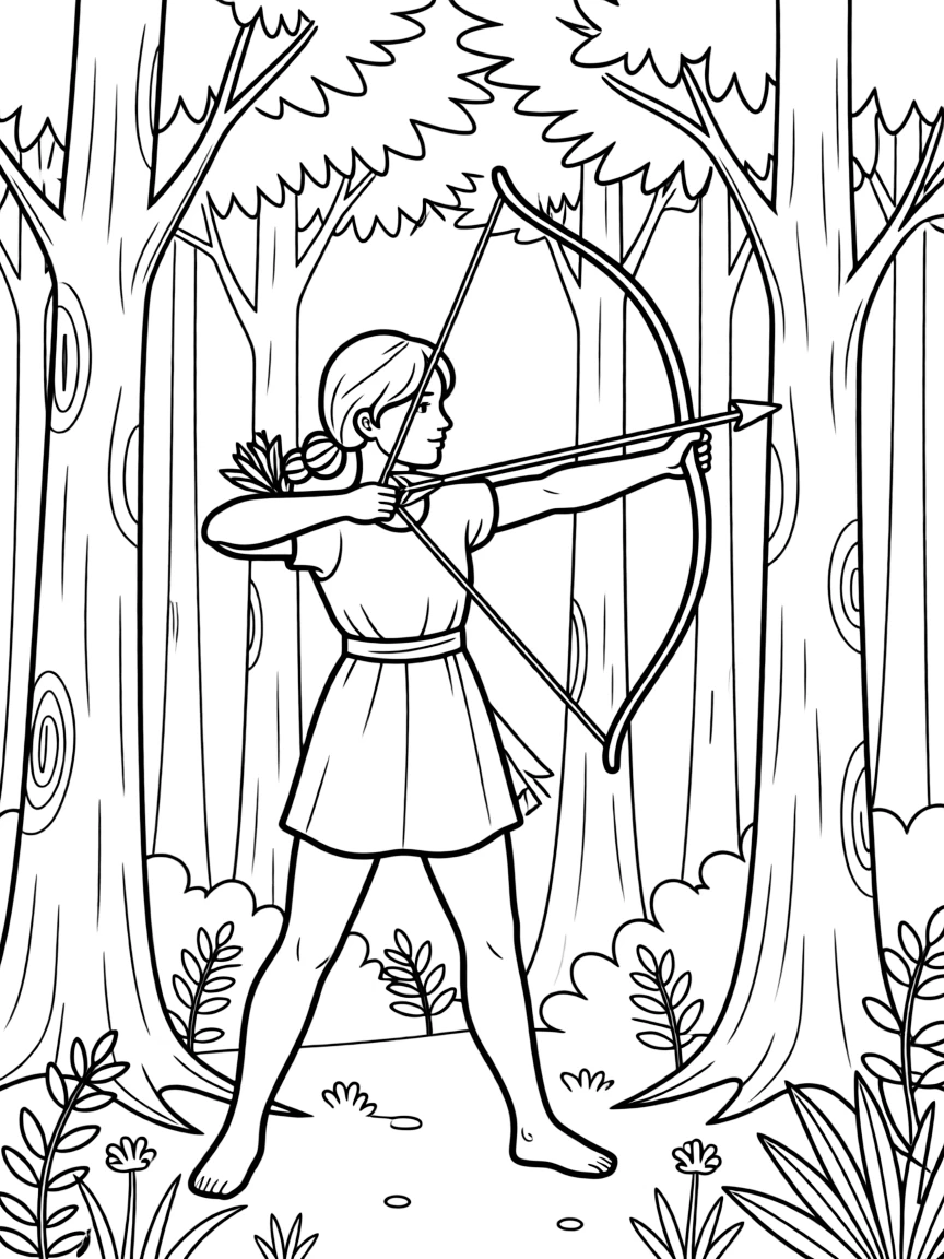 (Greek mythology) Artemis aiming her bow in a forest