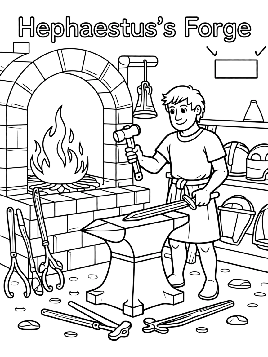 (Greek mythology) Hephaestus at his forge crafting weapons