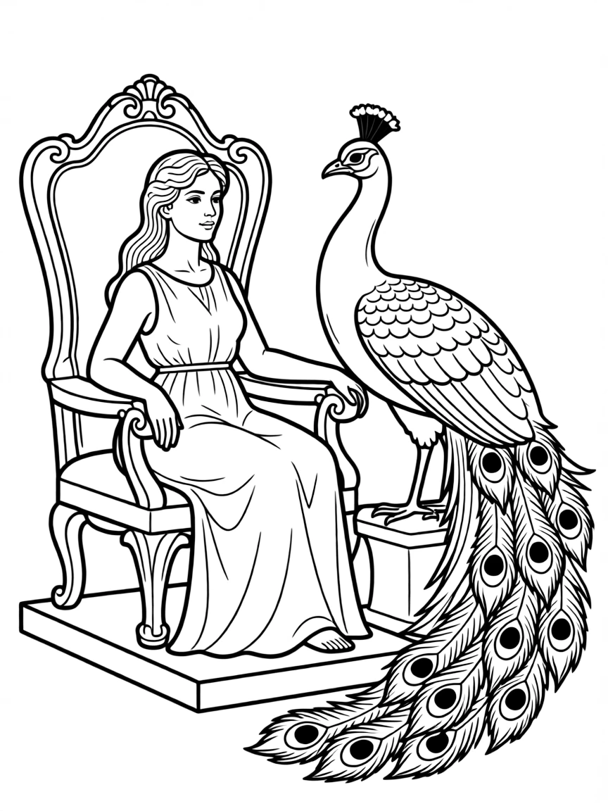 (Greek mythology) Hera sitting on a throne with a peacock