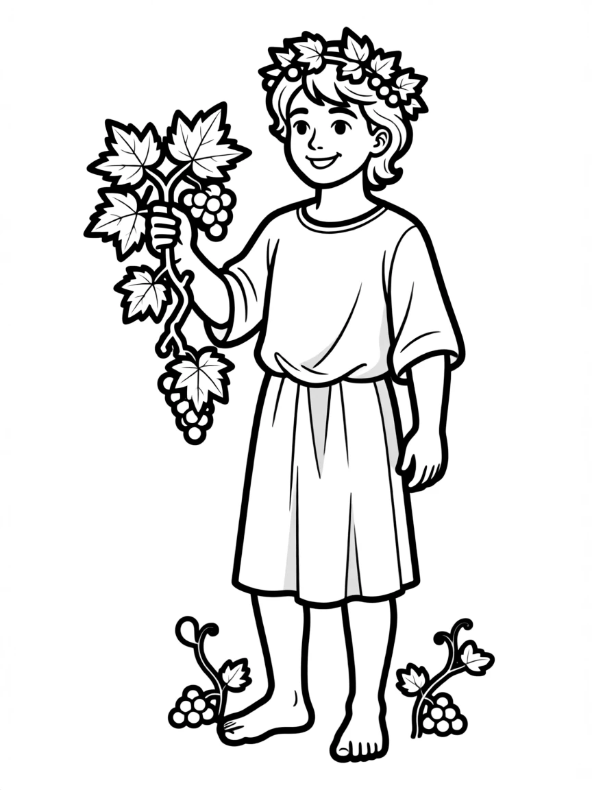 (Greek mythology) Dionysus holding a grapevine and smiling