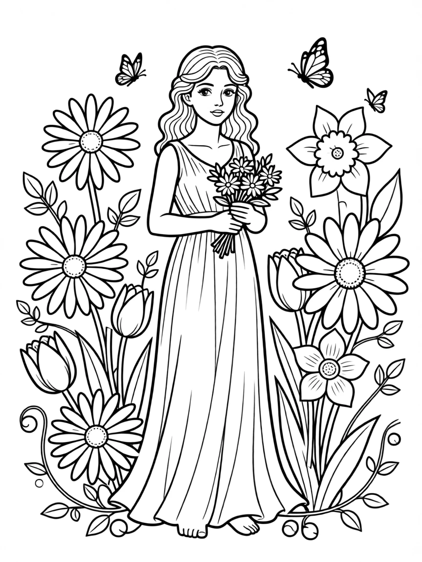 (Greek mythology) Persephone surrounded by spring flowers