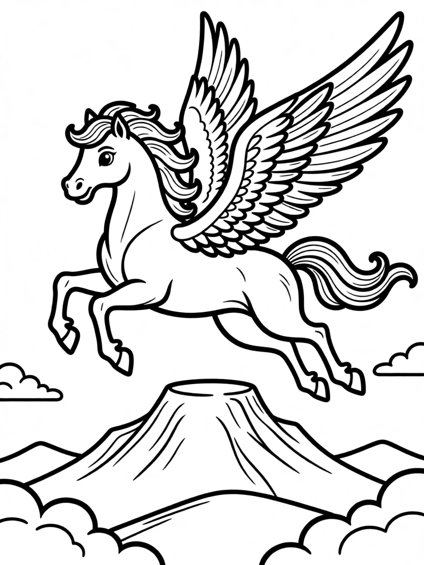 (Greek mythology) Pegasus flying over Mount Olympus