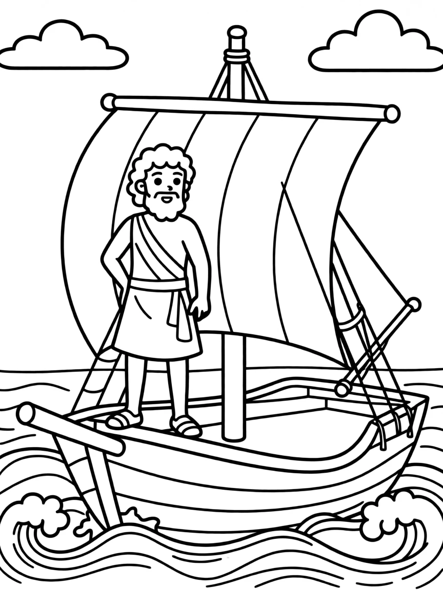 (Greek mythology) Odysseus sailing on a ship with waves