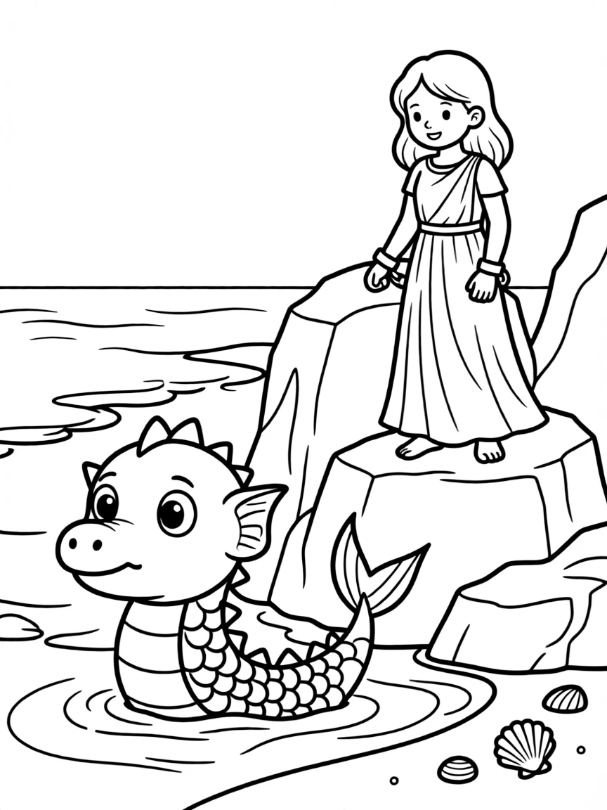 (Greek mythology) Andromeda chained to a rock with sea monster nearby