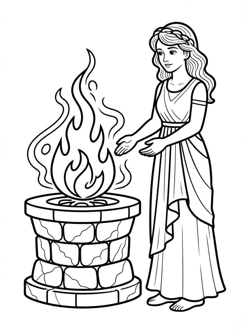 (Greek mythology) Hestia with a warm hearth and flame
