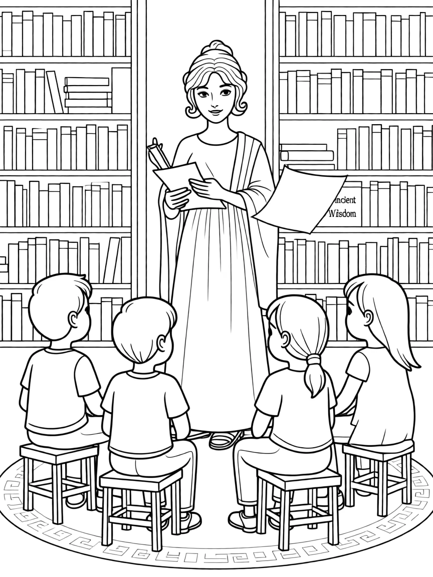 (Greek mythology) Athena teaching children in a library