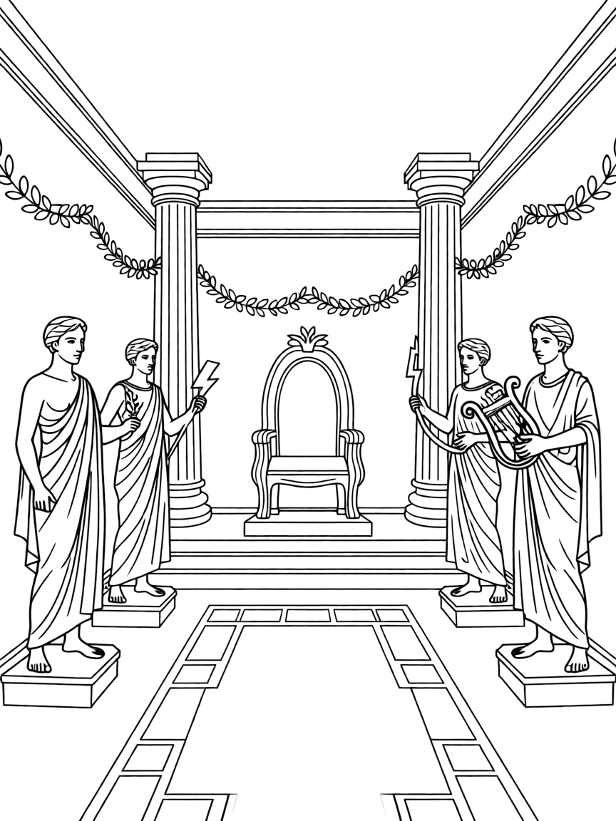 (Greek mythology) A throne room with Greek god statues