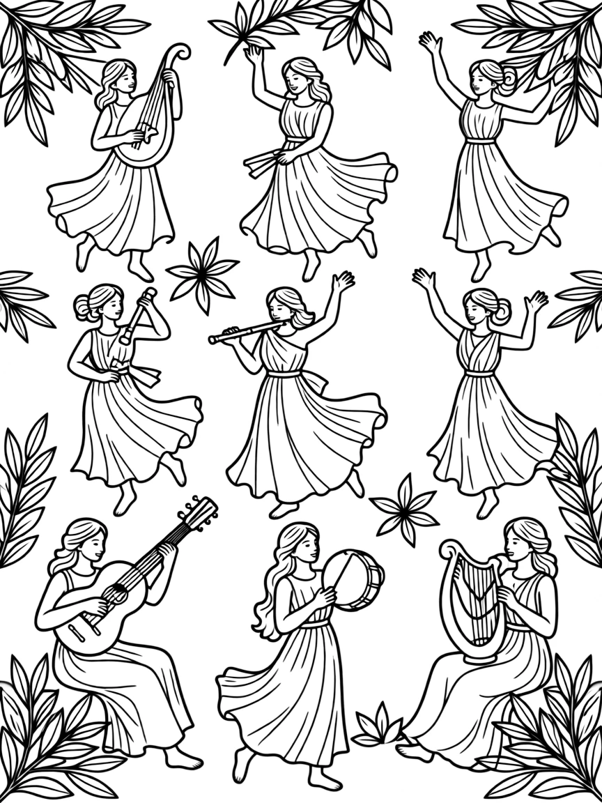 (Greek mythology) The muses playing music and dancing