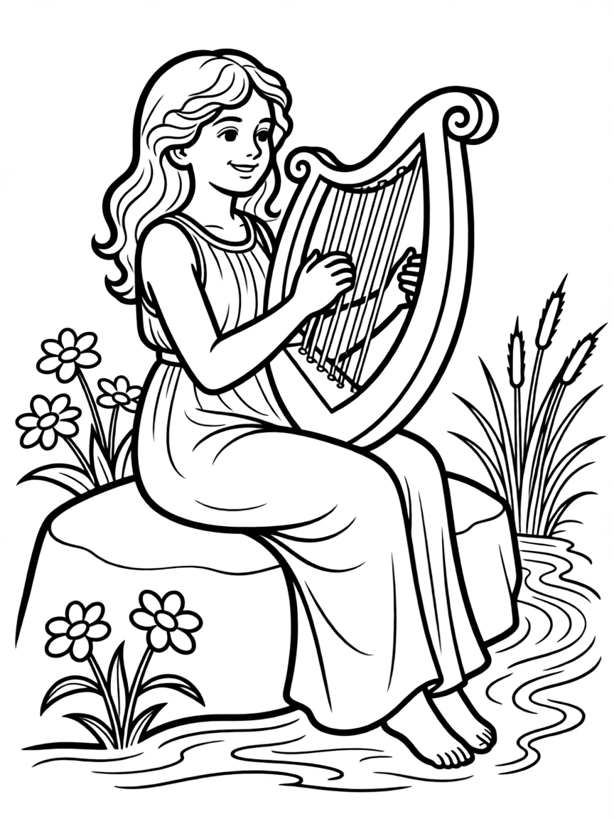 (Greek mythology) A harp being played by a nymph