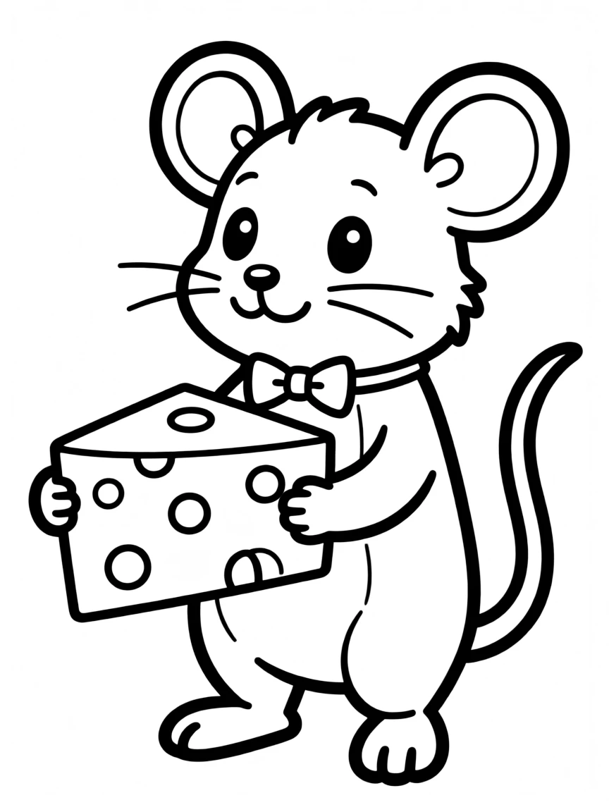 (Chinese Zodiac) A cute cartoon rat holding a piece of cheese with simple line art