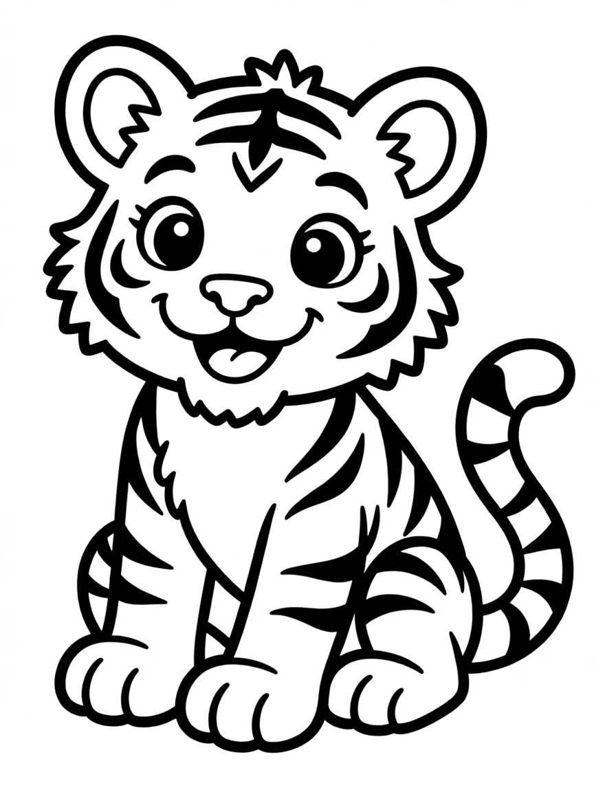 (Chinese Zodiac) A playful tiger cub with big stripes sitting and smiling