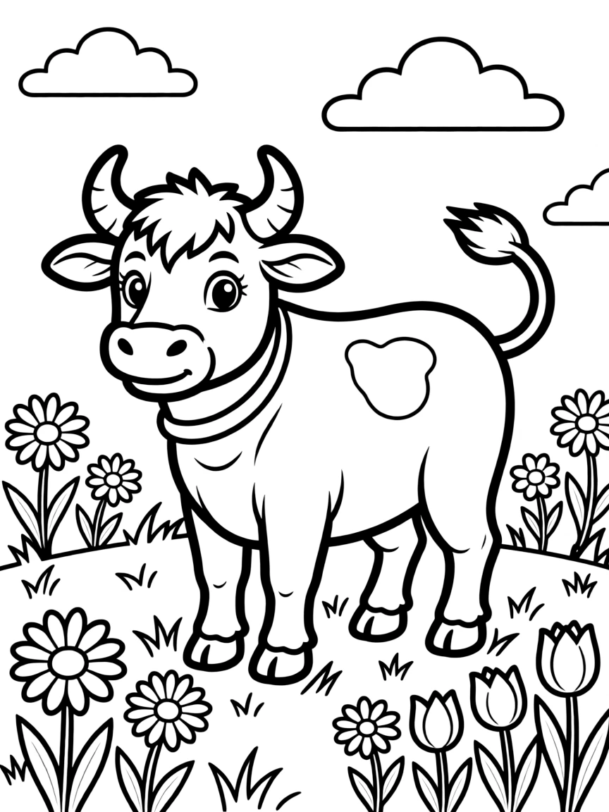 (Chinese Zodiac) A friendly ox standing in a meadow with flowers around its feet