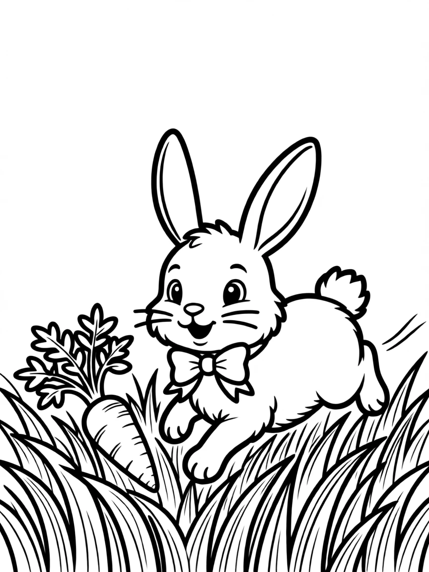 (Chinese Zodiac) A fluffy rabbit hopping through grass with a carrot nearby