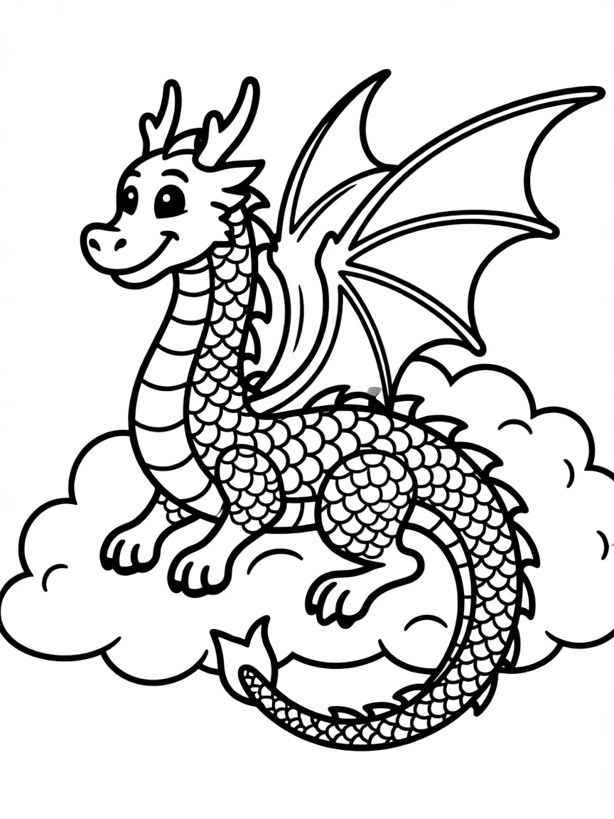 (Chinese Zodiac) A majestic dragon with curvy body and friendly face flying through clouds