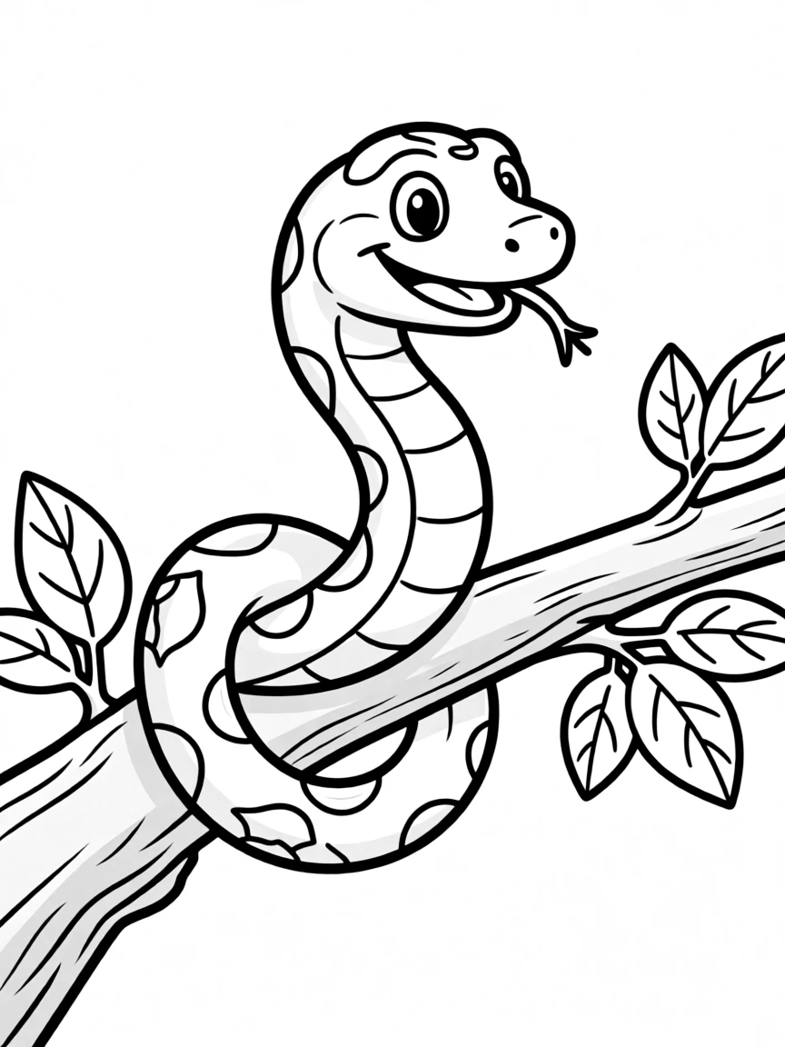 (Chinese Zodiac) A smiling snake coiled around a tree branch with leaves