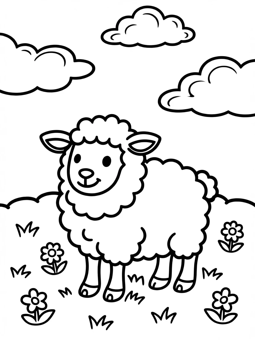 (Chinese Zodiac) A woolly sheep standing in a field with simple cloud shapes above