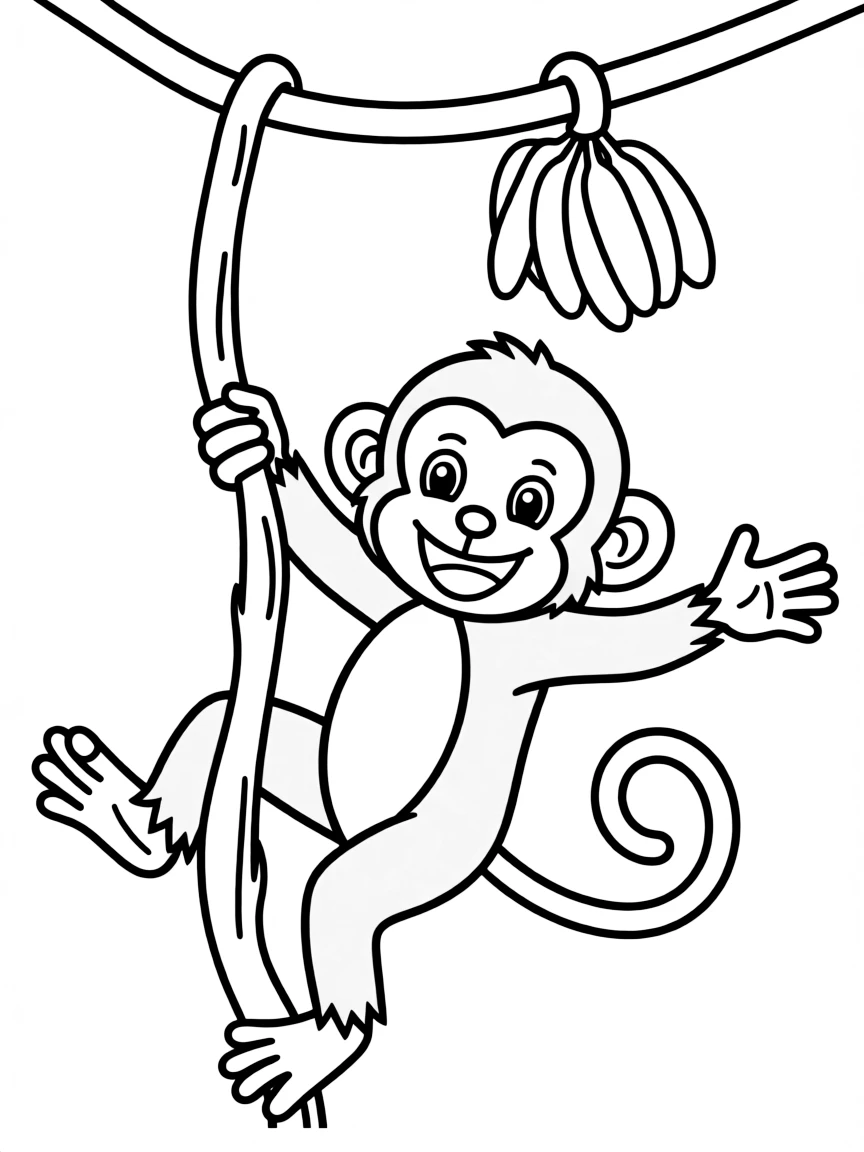 (Chinese Zodiac) A cheerful monkey swinging from a vine with bananas