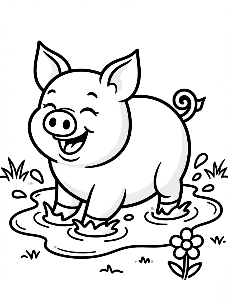 (Chinese Zodiac) A happy pig rolling in mud with a big smile