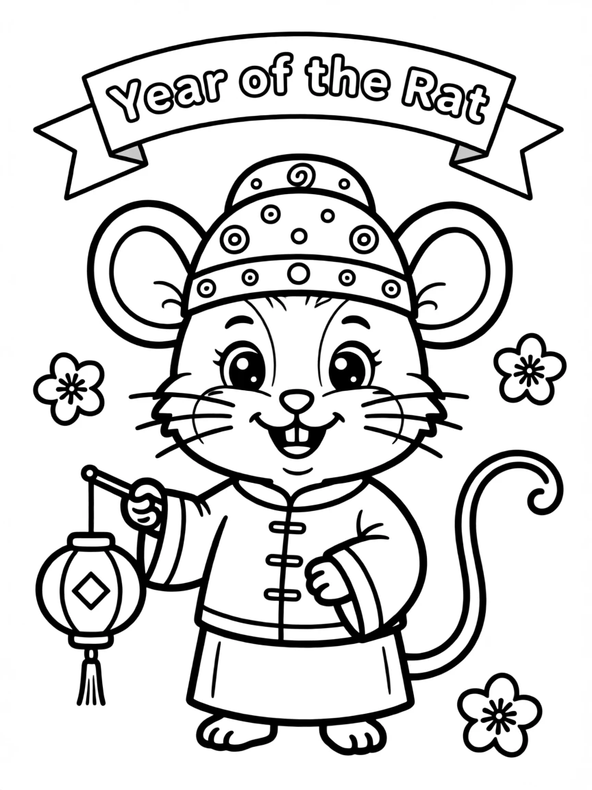 (Chinese Zodiac) Rat wearing a traditional Chinese hat with simple patterns