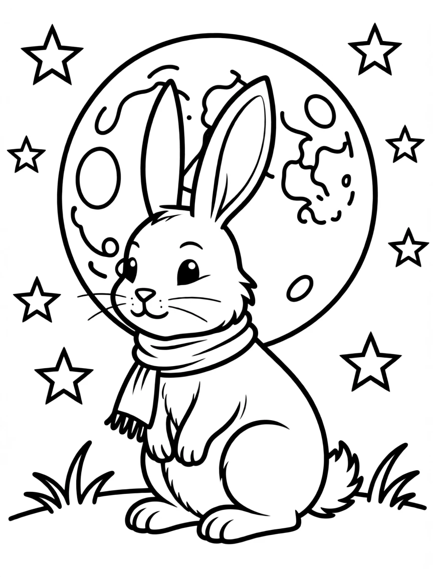 (Chinese Zodiac) Rabbit sitting under a full moon with stars around