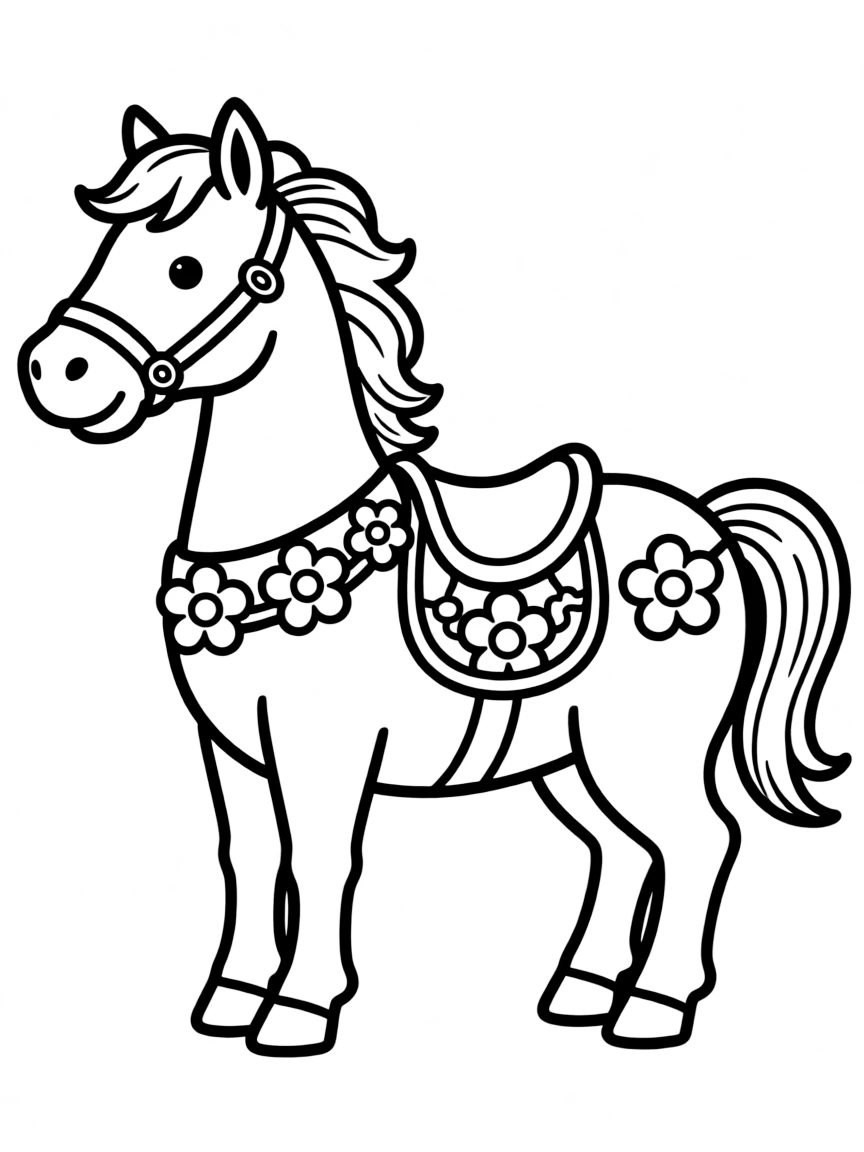 (Chinese Zodiac) Horse with decorative saddle and bridle with flower patterns