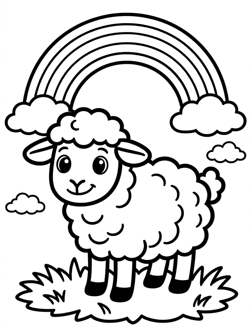 (Chinese Zodiac) Sheep with fluffy wool clouds and rainbow above