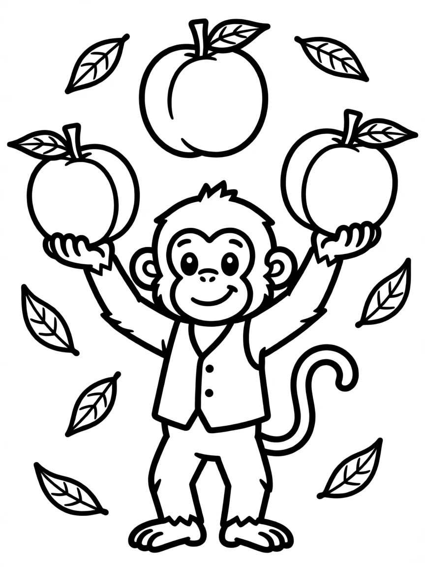 (Chinese Zodiac) Monkey juggling peaches with leaves scattered around