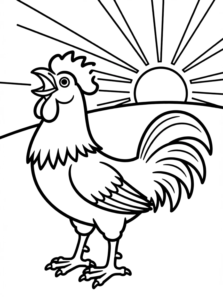 (Chinese Zodiac) Rooster crowing at sunrise with simple sun rays