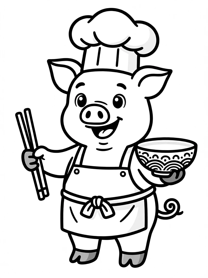 (Chinese Zodiac) Pig with a chef's hat holding chopsticks and bowl