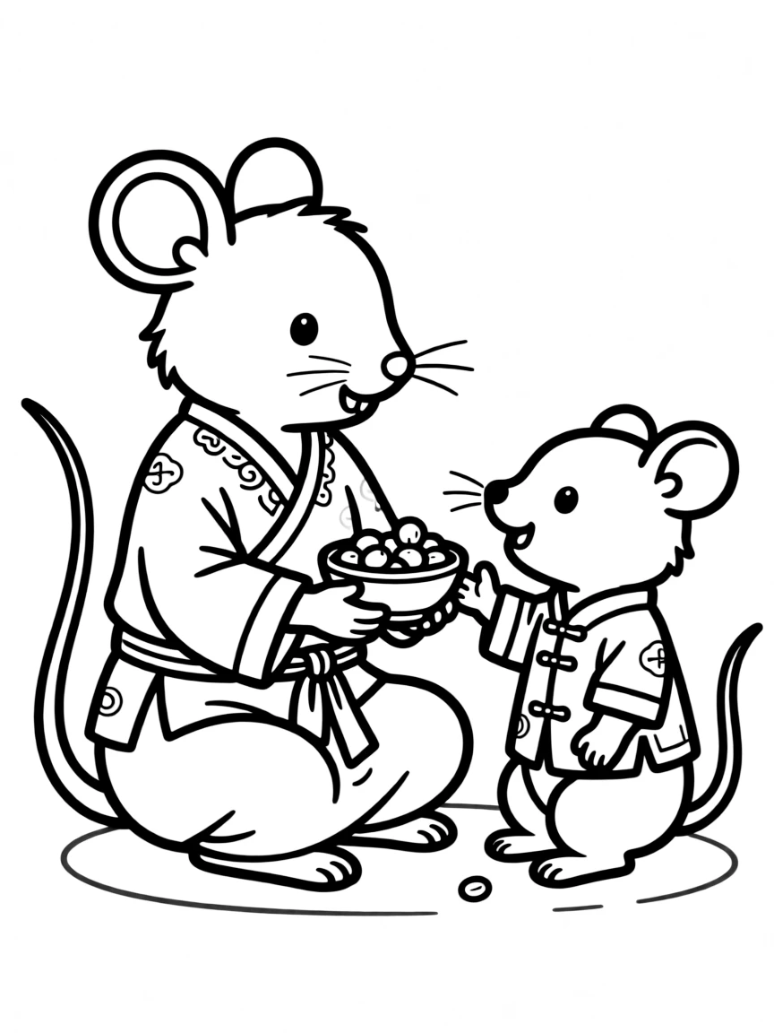 (Chinese Zodiac) Rat family with parent and baby rats sharing food