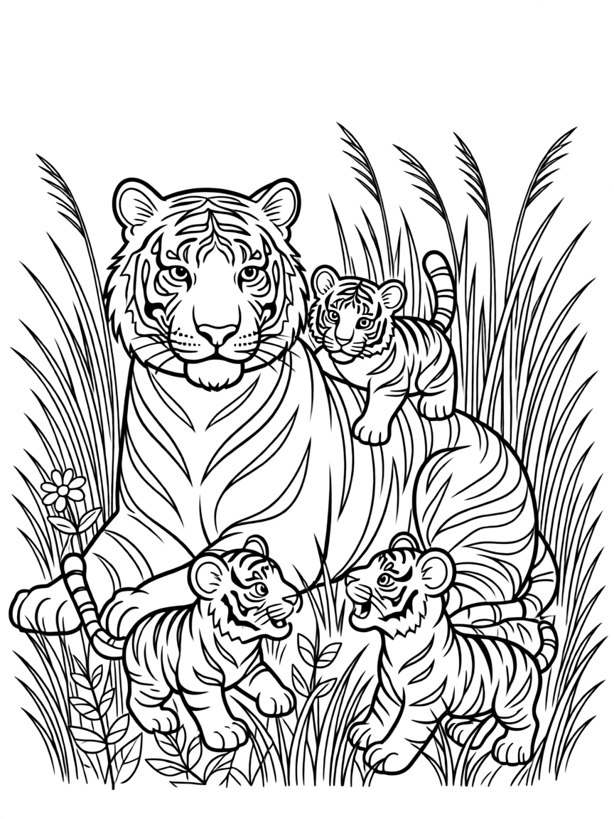 (Chinese Zodiac) Tiger mother with cubs playing in tall grass