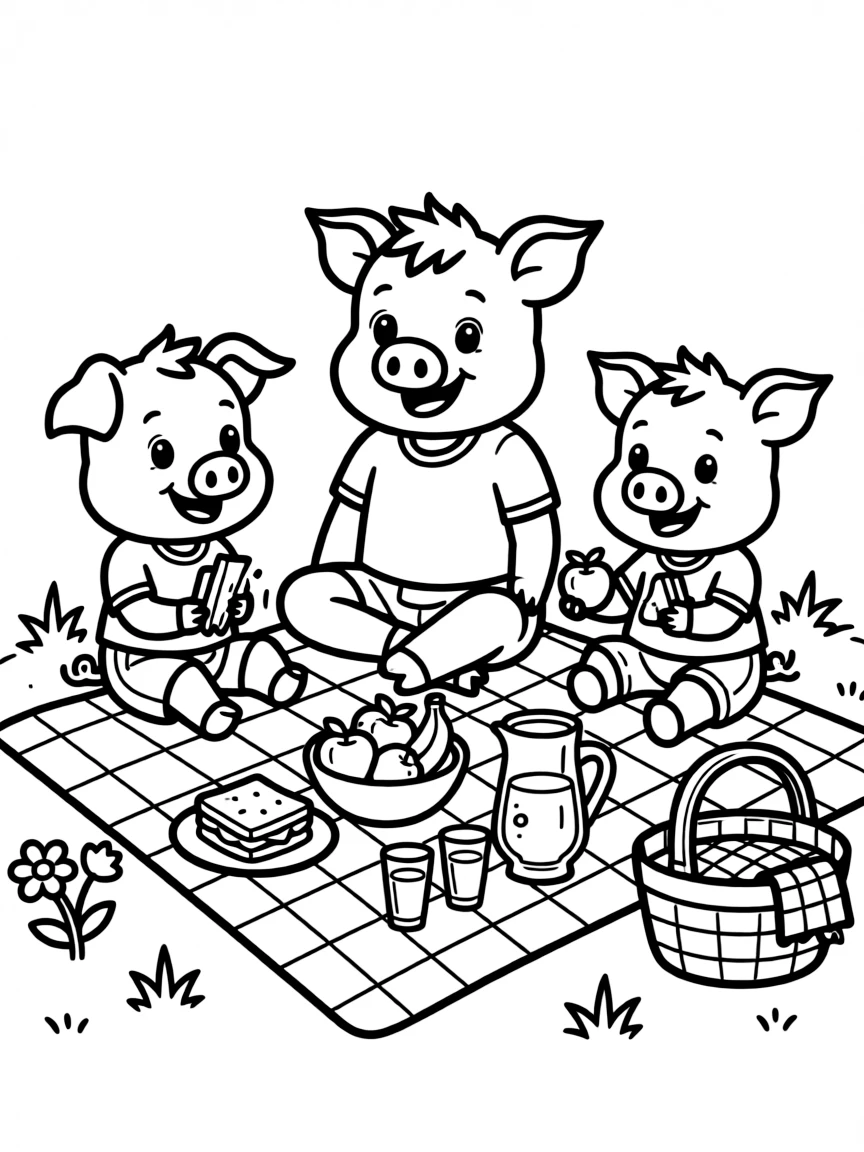 (Chinese Zodiac) Pig family having picnic with checkered blanket and food
