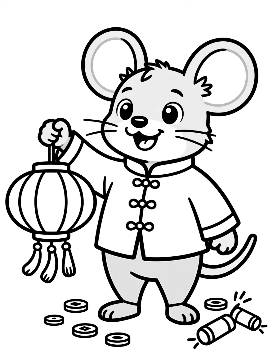 (Chinese Zodiac) Rat holding Chinese New Year lantern with tassels