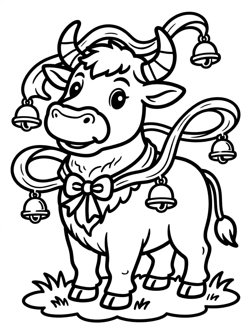 (Chinese Zodiac) Ox decorated with ribbons and bells for festival