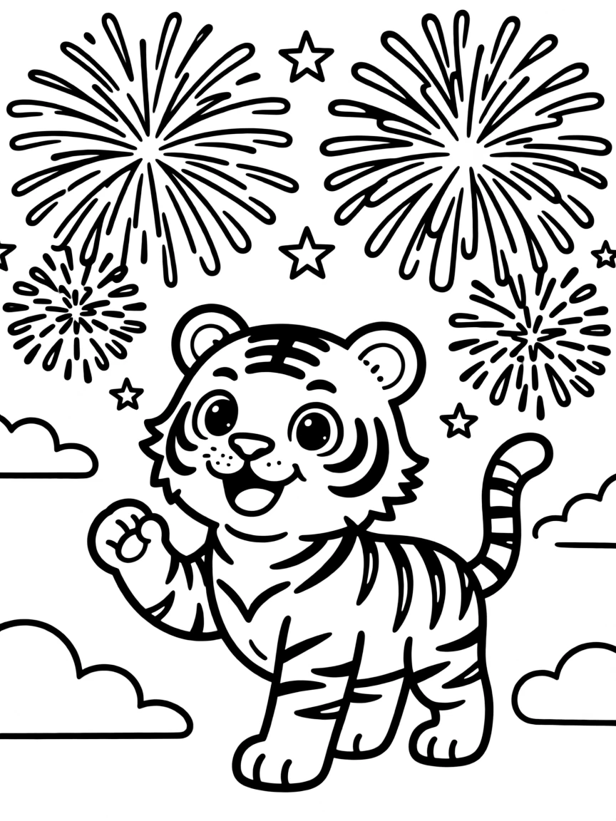(Chinese Zodiac) Tiger with fireworks exploding in background outline