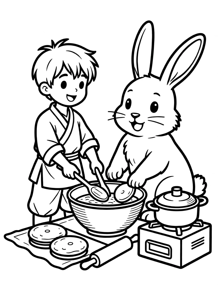 (Chinese Zodiac) Rabbit making rice cakes with cooking utensils around