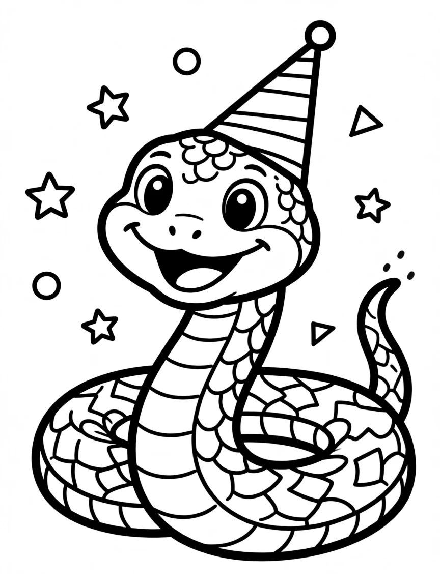 (Chinese Zodiac) Snake wearing party hat with confetti falling around