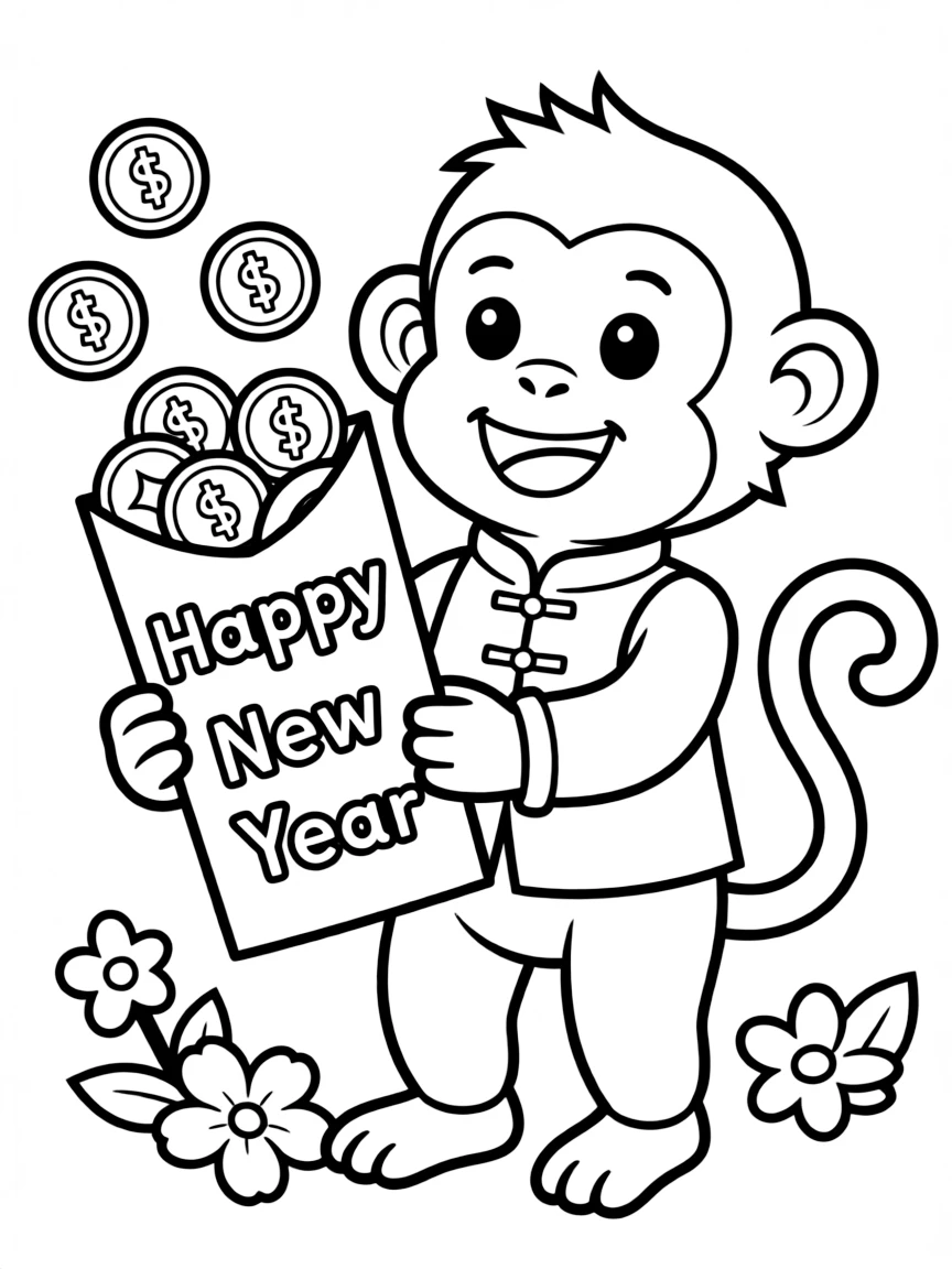 (Chinese Zodiac) Monkey holding red envelope with gold coins spilling out