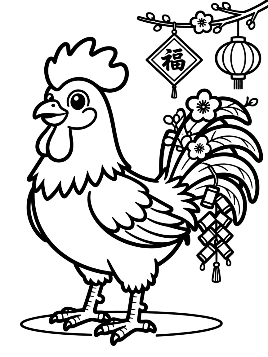 (Chinese Zodiac) Rooster with Chinese New Year decorations in tail feathers