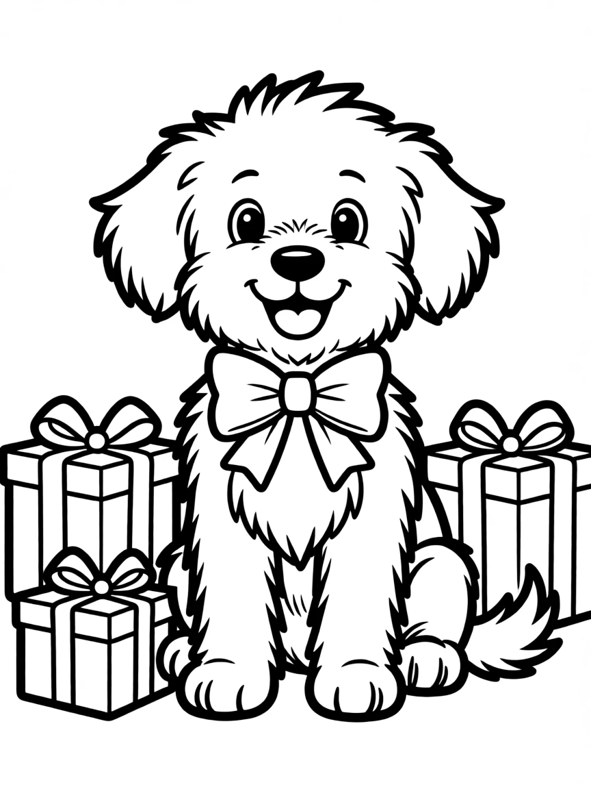 (Chinese Zodiac) Dog wearing festive bow tie with gift boxes nearby
