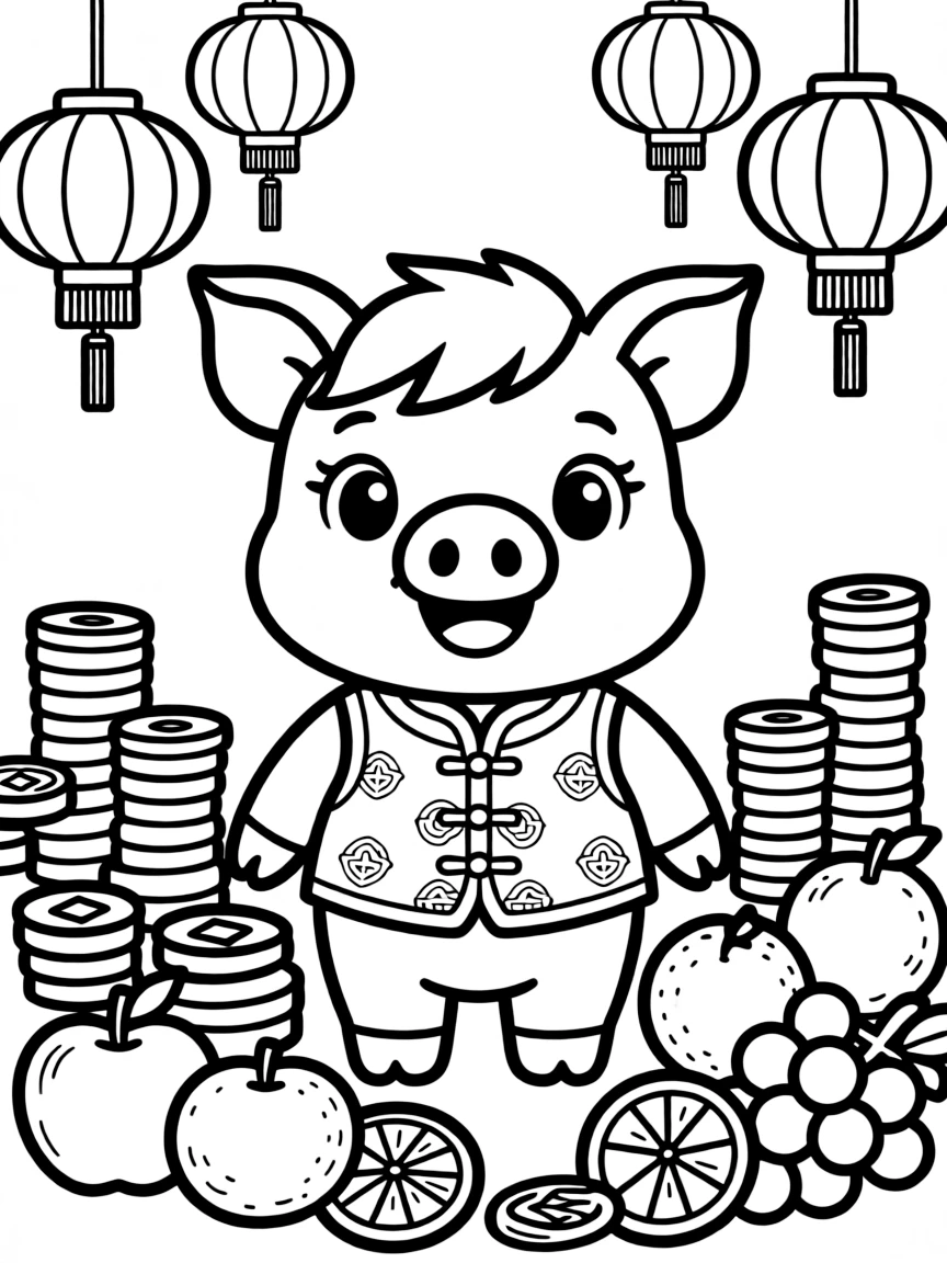 (Chinese Zodiac) Pig surrounded by abundance symbols like coins and fruit