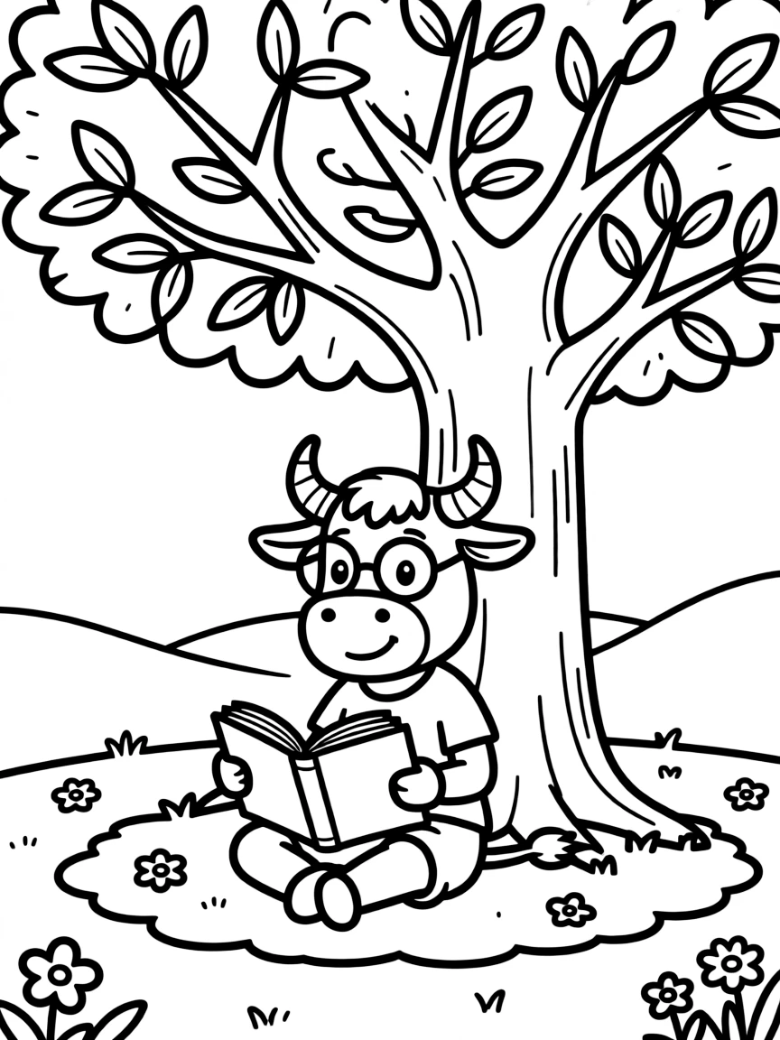 (Chinese Zodiac) Ox wearing glasses and reading a book under tree