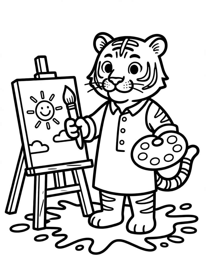 (Chinese Zodiac) Tiger artist holding paintbrush with palette and easel