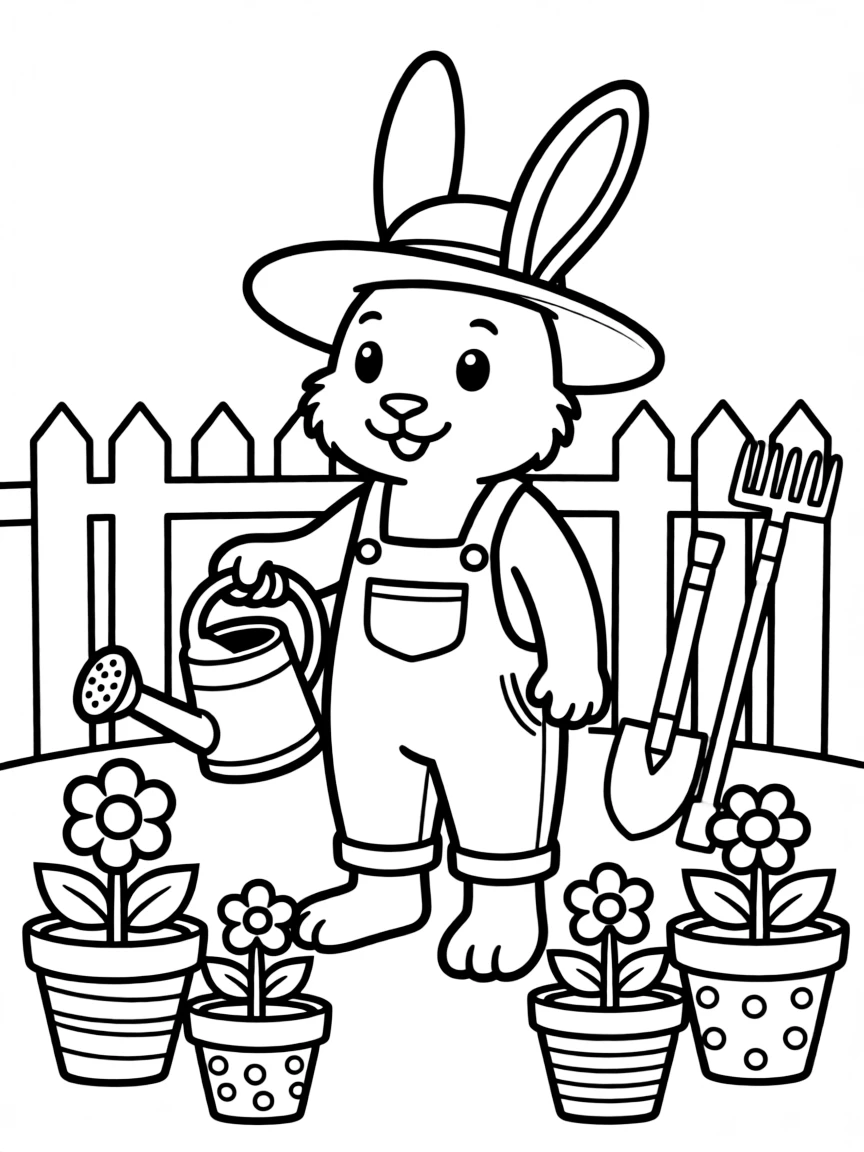 (Chinese Zodiac) Rabbit gardener with watering can and flower pots