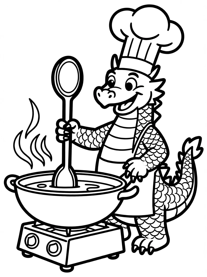 (Chinese Zodiac) Dragon chef with tall hat cooking in large wok
