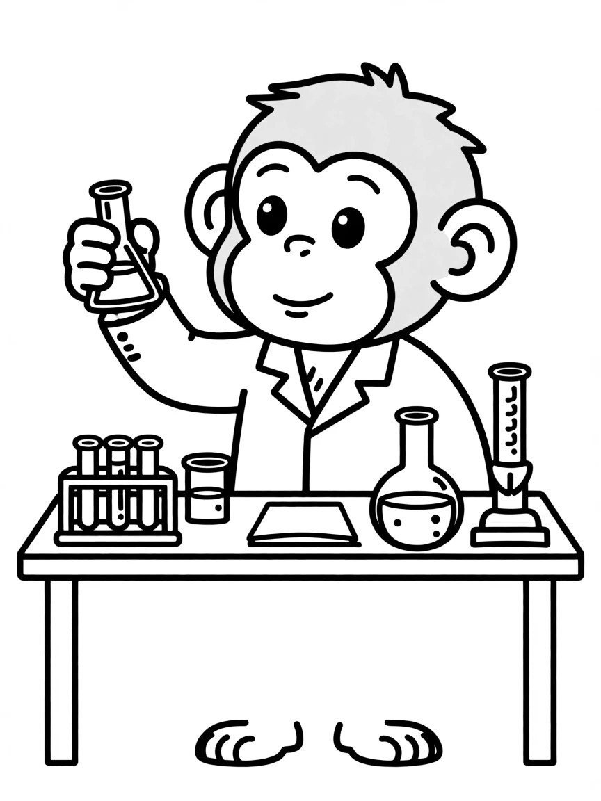 (Chinese Zodiac) Monkey scientist with beakers and simple lab equipment