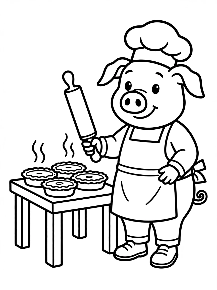(Chinese Zodiac) Pig baker with rolling pin and freshly baked pies