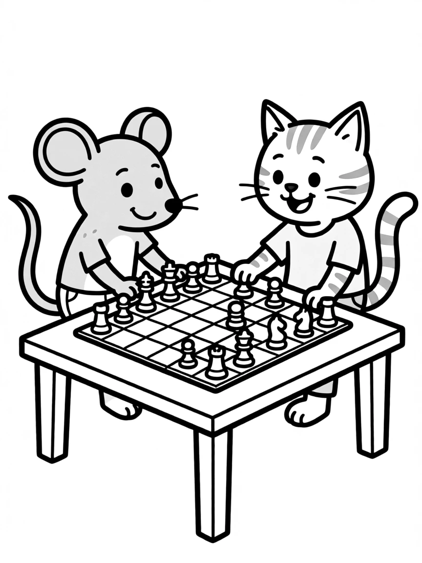 (Chinese Zodiac) Rat and cat playing chess on checkered board