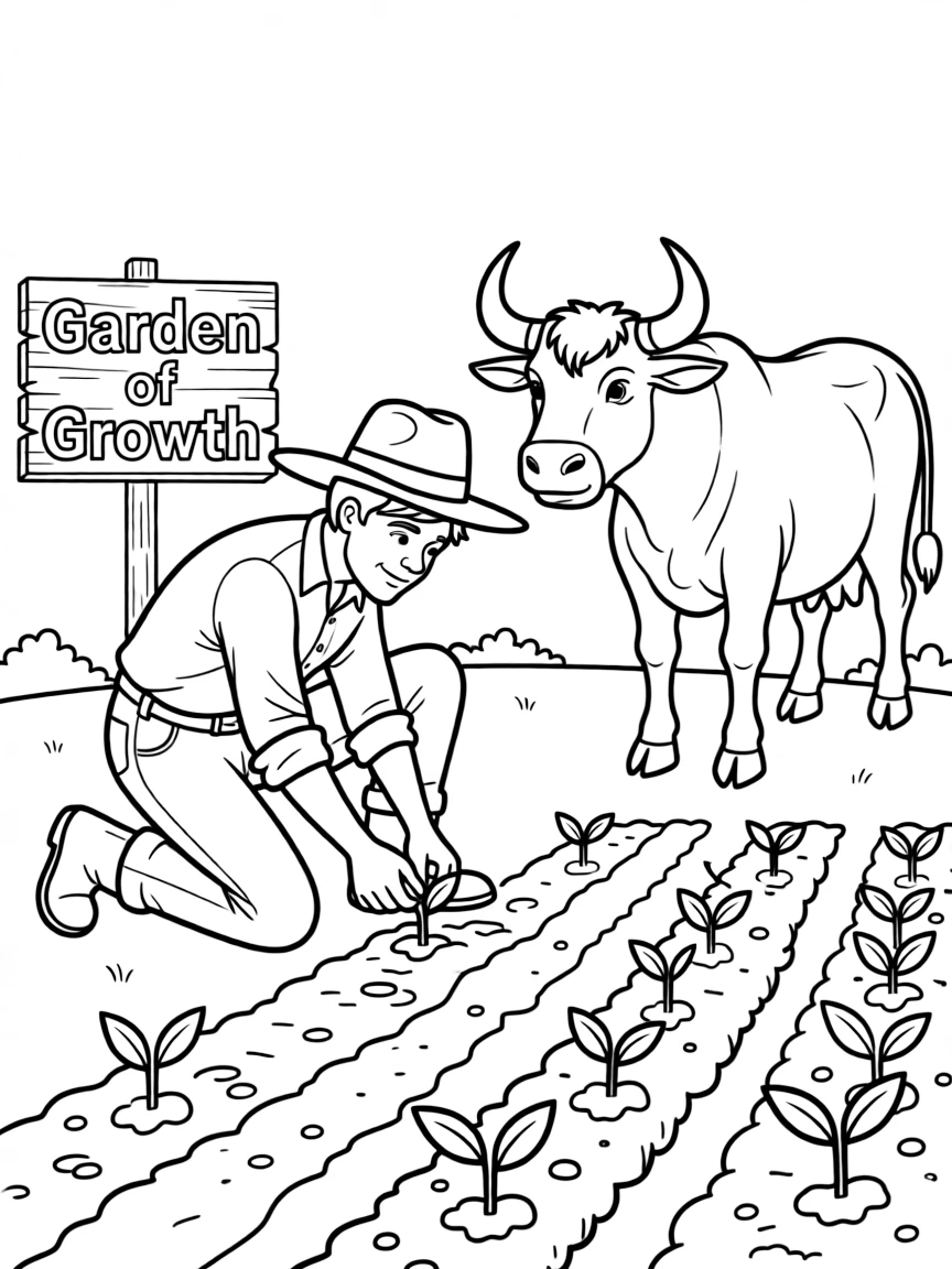 (Chinese Zodiac) Ox and farmer planting seeds in neat garden rows