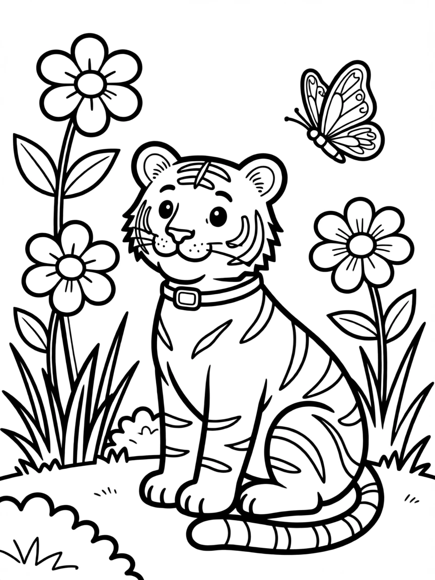 (Chinese Zodiac) Tiger and butterfly in peaceful garden setting